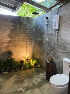 uma casa de banho com chuveiro, WC e plantas em Kebun Lisdtari farmstay em Air Hangat