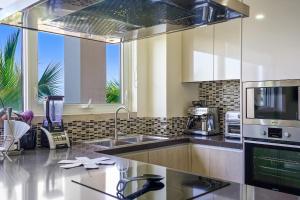 een keuken met een wastafel en een groot raam bij LUXURIOUS APARTMENT IN LEVENT FRONT EAGLE BEACH in Palm-Eagle Beach
