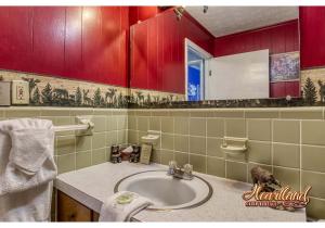 a bathroom with a sink and a red wall at Leprechaun Island in Gatlinburg +28 photos