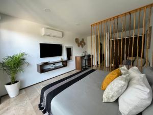 a bedroom with a large bed with a tv on the wall at Menesse Midtown 2 206 y 209 in Playa del Carmen