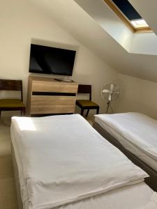 a bedroom with two beds and a flat screen tv at Penzion Na Hradbách in Slavkov u Brna