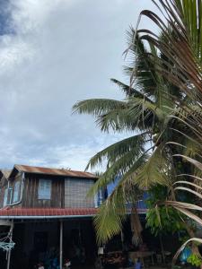 a house with a palm tree in front of it at Lazy Mango Home Stay in Phumĭ Poŭthĭ Mâ Srei