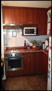 a kitchen with wooden cabinets and a stove and microwave at APART SANTIAGO in Santiago