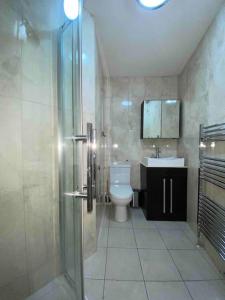 La salle de bains est pourvue d'une douche, de toilettes et d'un lavabo. dans l'établissement Spacious Studio 30 mins from Luton free parking, à The Hyde