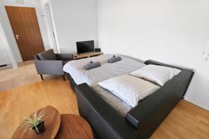 克萊恩 蒙塔納的住宿－Appartement central et confortable，一间卧室配有一张大床和一张沙发