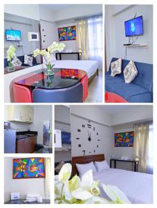 a collage of four pictures of a hotel room at 1BR and Studio Condo Unit @ 150 Newport near NAIA 3 in Manila