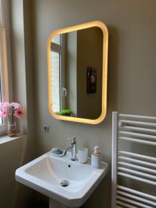 een badkamer met een wastafel en een spiegel bij les MAMA Tissia in Lens
