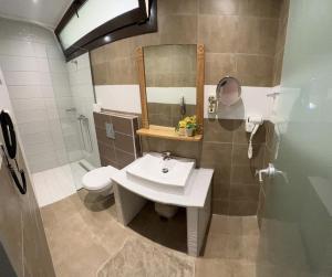 a bathroom with a sink and a toilet and a mirror at Golden days in Afantou
