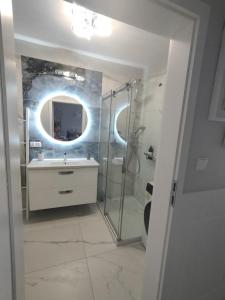 クリニツァ・モルスカにあるLuksusowy Apartament Stella - Port Krynica Morskaのバスルーム(シャワー、シンク、鏡付)