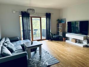 a living room with a couch and a tv at Isco Apartment in Kuressaare