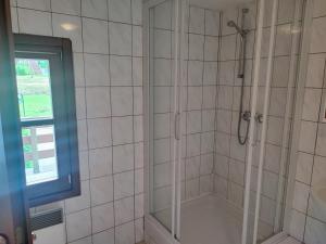 uma casa de banho com um chuveiro e uma porta de vidro em Apartmány GUGEL MLYNKY em Mlynky 