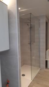 W łazience znajduje się prysznic ze szklanymi drzwiami. w obiekcie la java w mieście Saint-Cyran-du-Jambot
