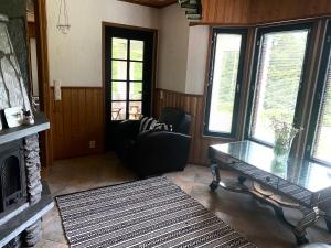 a living room with a fireplace and a glass table at Villa Grinberg in Mäntyharju