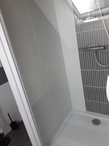 La salle de bains blanche est pourvue d'une douche et d'un lavabo. dans l'établissement Cœur de ville, chambre confortable à louer en Bretagne, à Saint-Méen-le-Grand