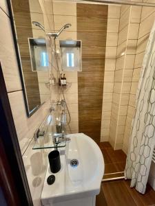 a bathroom with a white sink and a mirror at Island apartman in Odorheiu Secuiesc