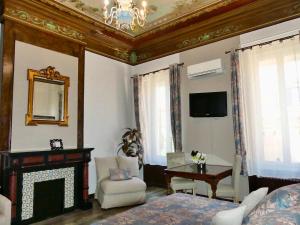 a bedroom with a fireplace and a bed and a mirror at Hôtel de Charme Le Provence in Salon-de-Provence