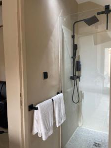 een badkamer met een douche en 2 witte handdoeken bij Maison Les Roches Cadre unique in Rochefort-sur-Nenon