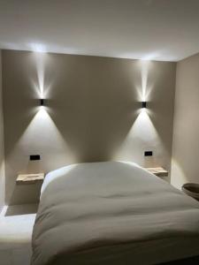 ein Schlafzimmer mit einem Bett mit zwei Lichtern an der Wand in der Unterkunft Maison Les Roches Cadre unique in Rochefort-sur-Nenon