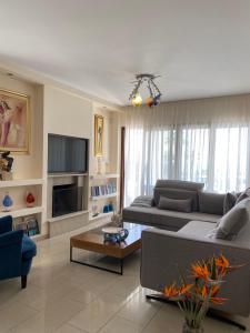 a living room with a couch and a tv at Ionion Beachfront Villa in Ayia Napa