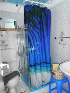 a bathroom with a shower curtain with a toilet and a sink at Meltemia Studios in Marathokampos