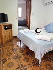 a room with a bed and a tv and a floor at Casa Mezzaluna in Ponza