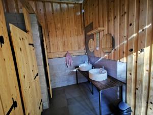 a bathroom with two sinks in a wooden wall at Dormitory and wooden house Beli gaber in Stari Trg pri Ložu