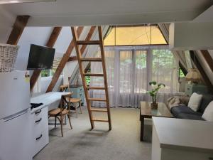 a loft conversions kitchen and living room with a ladder at A-frame Studio in Parnell in Auckland