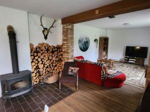 a living room with a red couch and a fireplace at Włudzikówka in Polana