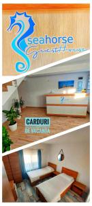 a collage of two pictures of a room with a table at SeaHorse GuestHouse in Năvodari