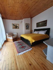 1 dormitorio con cama y techo de madera en Diana Guesthouse, en Korçë