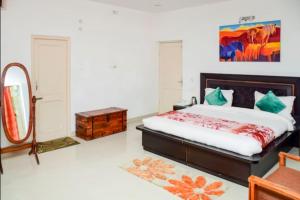 a bedroom with a bed and a mirror at Aestus Adventure and Wellness Centre in Kasauli