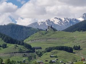 zamek na szczycie zielonego wzgórza z górami w obiekcie Guest House Mirgvela w mieście Omalo