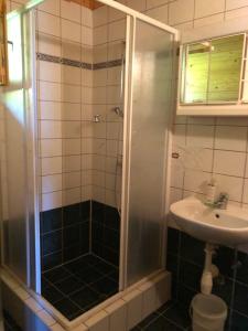 uma casa de banho com um chuveiro e um lavatório. em Álmos Apartman em Balatonfenyves