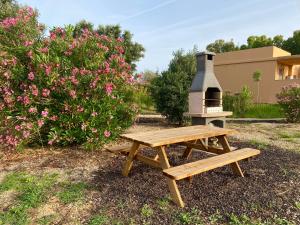 a picnic table and a bird house next to a bush at MARIS Apartments & Bedrooms in Alghero