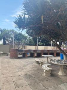 a group of picnic tables and a tree at 146 Stella Maris Durban Amanzimtoti in Amanzimtoti