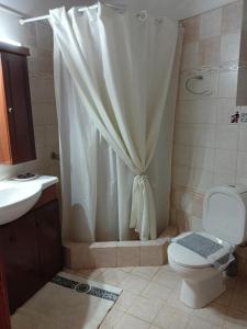 W łazience znajduje się prysznic, toaleta i umywalka. w obiekcie VILLA LENA - ΑΝΔΡΟΣ w mieście Batsi