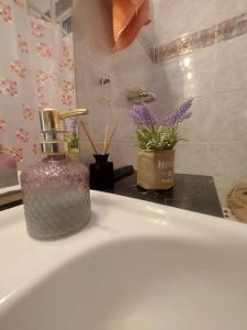 a bathroom with a sink with a soap dispenser on it at zacharenia's home in Mirodháton