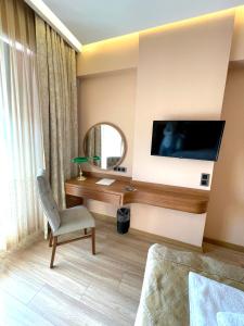 イスタンブールにあるClasses Boutique Hotelのテレビ、椅子、鏡が備わる客室です。