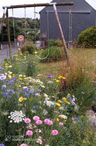 un jardín con flores en un patio con un columpio en Gîte familial, en Plouguenast Langast