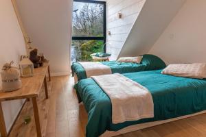 2 Einzelbetten in einem Zimmer mit Fenster in der Unterkunft Le Gite de l Etang du Petit Rocher in Théhillac