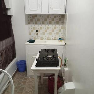 a small kitchen with a stove and a white cabinet at Lux Suites Bustani studio Apartments in Mombasa