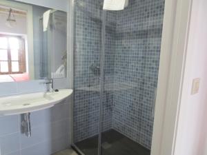 a bathroom with a glass shower and a sink at Apartamentos Turísticos El Losal in Úbeda