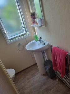 a bathroom with a sink and a window and a toilet at Skipsea sands holidays in Ulrome