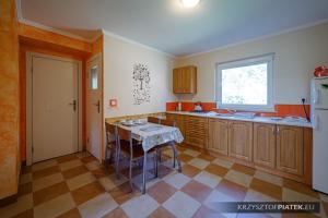 a kitchen with wooden cabinets and a table in it at Chatka nad Osławą in Komańcza