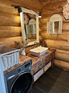 La salle de bains est pourvue d'un lavabo et d'un lave-linge. dans l'établissement Wikno Villa, à Nidzica