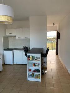 cocina con nevera pequeña en una habitación en Joli studio cabine confort 28m2 a 200m de la plage, en Canet-en-Roussillon