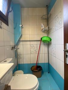 a bathroom with a toilet and a green mop at ΓΑΛΗΝΗ 3 in Skála Stólou