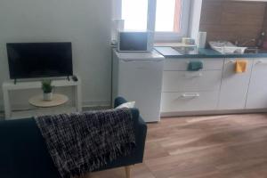 a living room with a couch and a tv and a kitchen at LE MONISTROL in Monistrol-sur-Loire