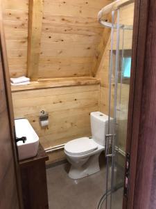 ein Holzbadezimmer mit einem WC und einem Waschbecken in der Unterkunft Etno apartmani Komarnica in Šavnik