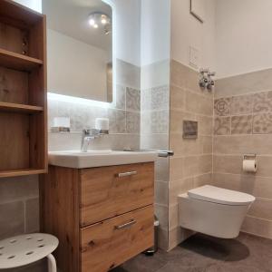 La salle de bains est pourvue d'un lavabo, de toilettes et d'un miroir. dans l'établissement Ferienwohnung Ostseeblick, à Kühlungsborn